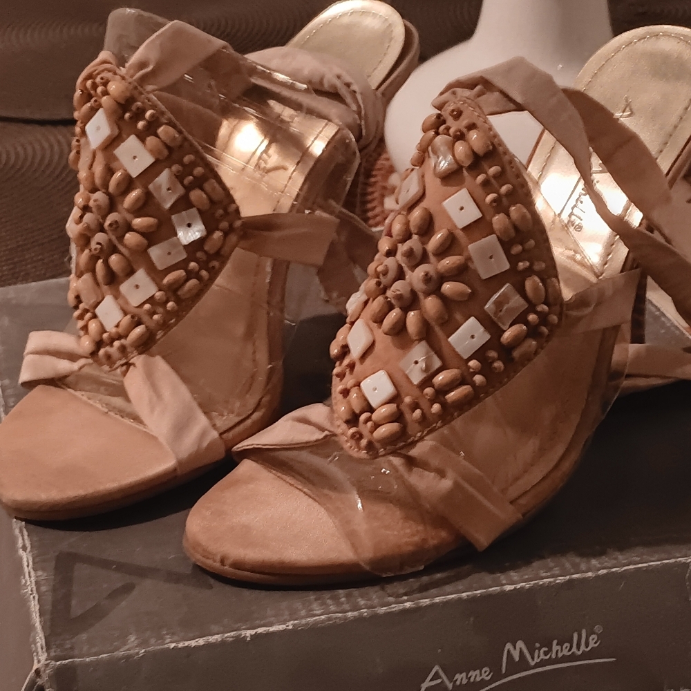 Anne Michelle Beige Beaded Heels Size 6
